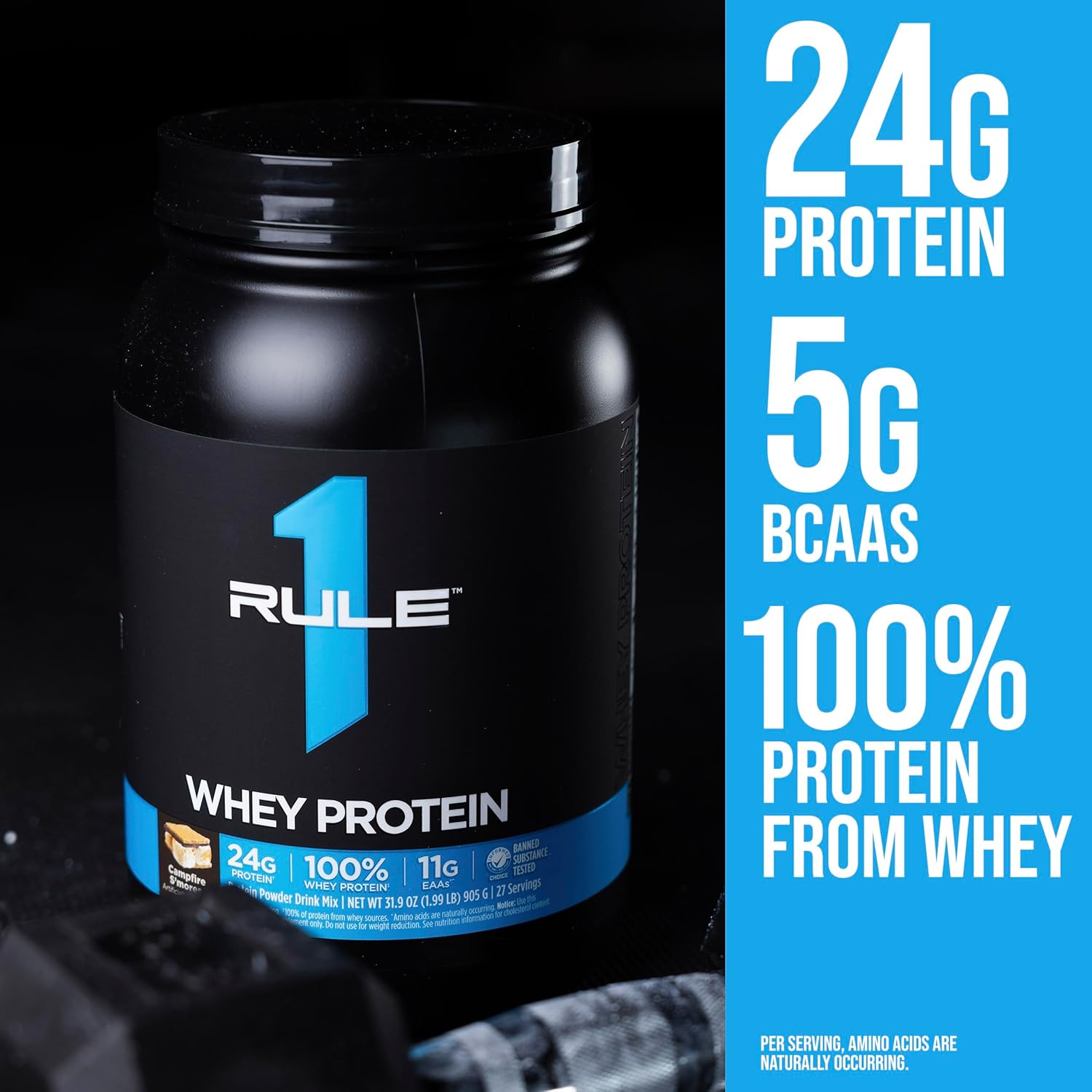 rule 1 whey protein – 24g fast acting protein from all whey sources with naturally occurring eaas & bcaas for workout recovery or anytime use