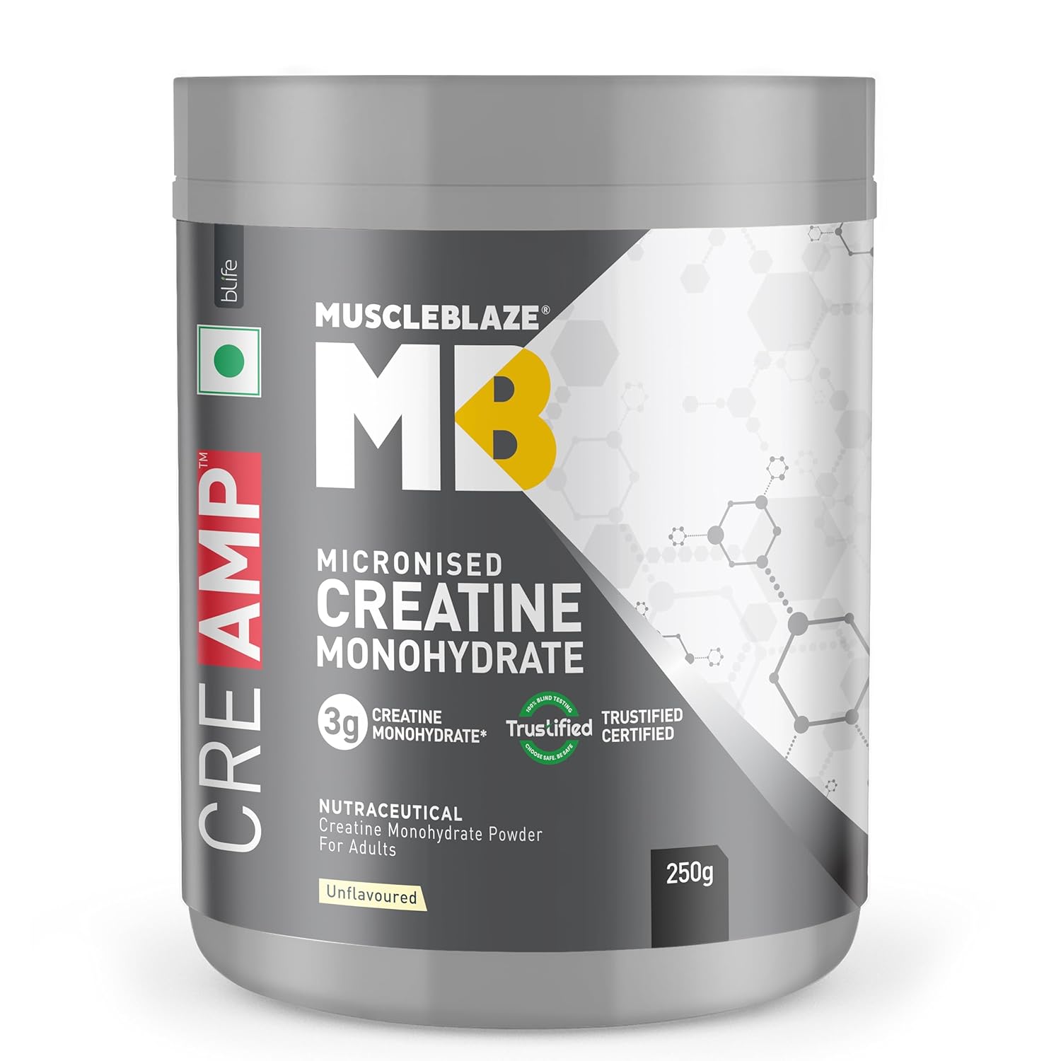 muscleblaze micronised creatine monohydrate creamp powder, unflavoured (80 servings, 250g) | trustified certified creatine