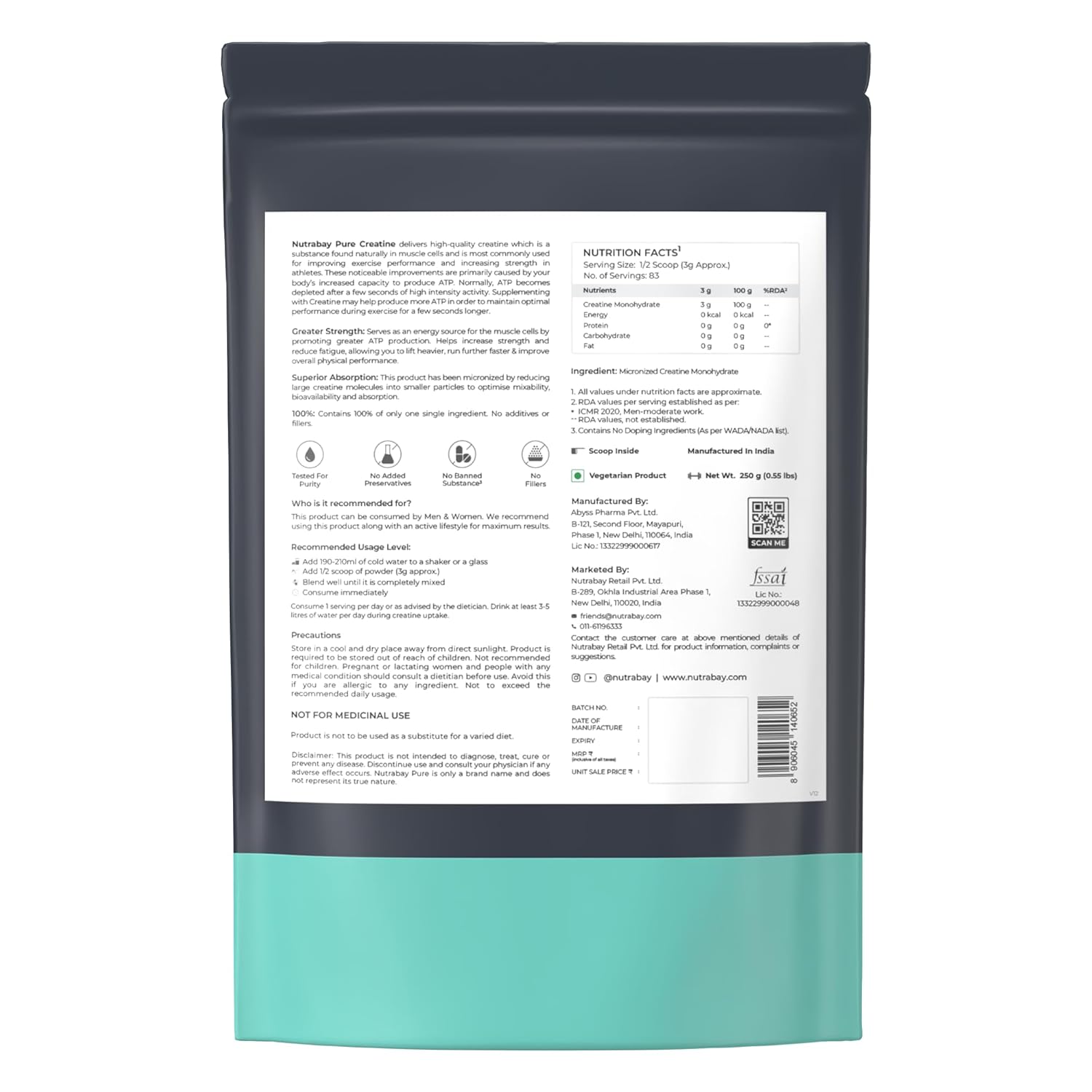 nutrbay creatine 250gm unflavourd ( 😊free delivery😊 )