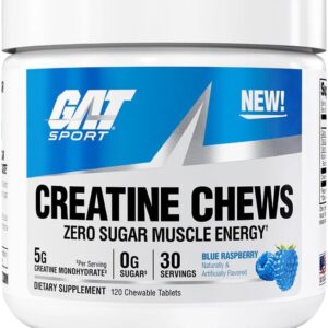 gat sport creatine chews, zero sugar, 5g pure creatine monohydrate, 3rd party tested, brain health, muscle, strength, anti oxidant support, for men & women, 30 servings (grape cotton candy)