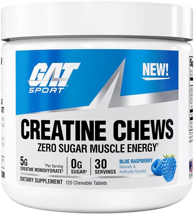 GAT SPORT Creatine Chews, Zero Sugar, 5g Pure Creatine Monohydrate, 3rd Party Tested, Brain Health, Muscle, Strength, Anti-oxidant Support, for Men & Women, 30 Servings (Grape Cotton Candy)